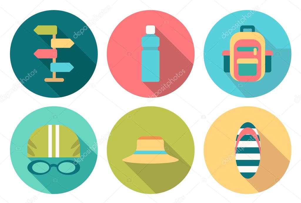 Set of flat round summer icons with shadow