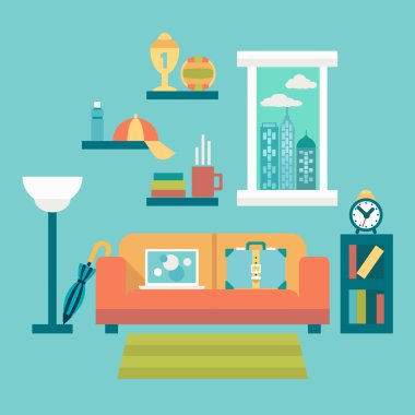 modern ev ofis iç kanepe ve laptop ile düz tasarlamak vektör