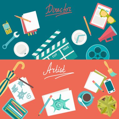 Düz illüstrasyon kavramlar tasarım geliştirme ve film yapımı için kümesi. Kavramlar web afiş ve basılı materyaller için.