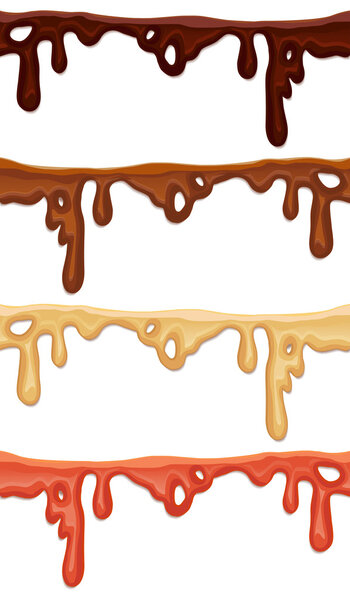 Isolated seamless repeatable melted chocolate, caramel and jam flow down