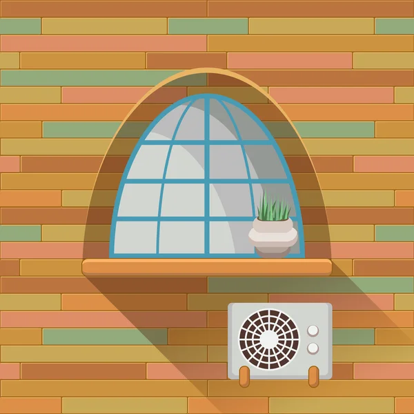 Illustration avec fenêtre vintage et climatiseur sur le mur en bois — Image vectorielle