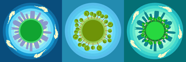 City in circle as planet, buildings and parks around. Vector illustration