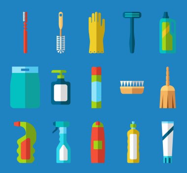 Household chemicals and cleaning supplies bottles vector flat half icons