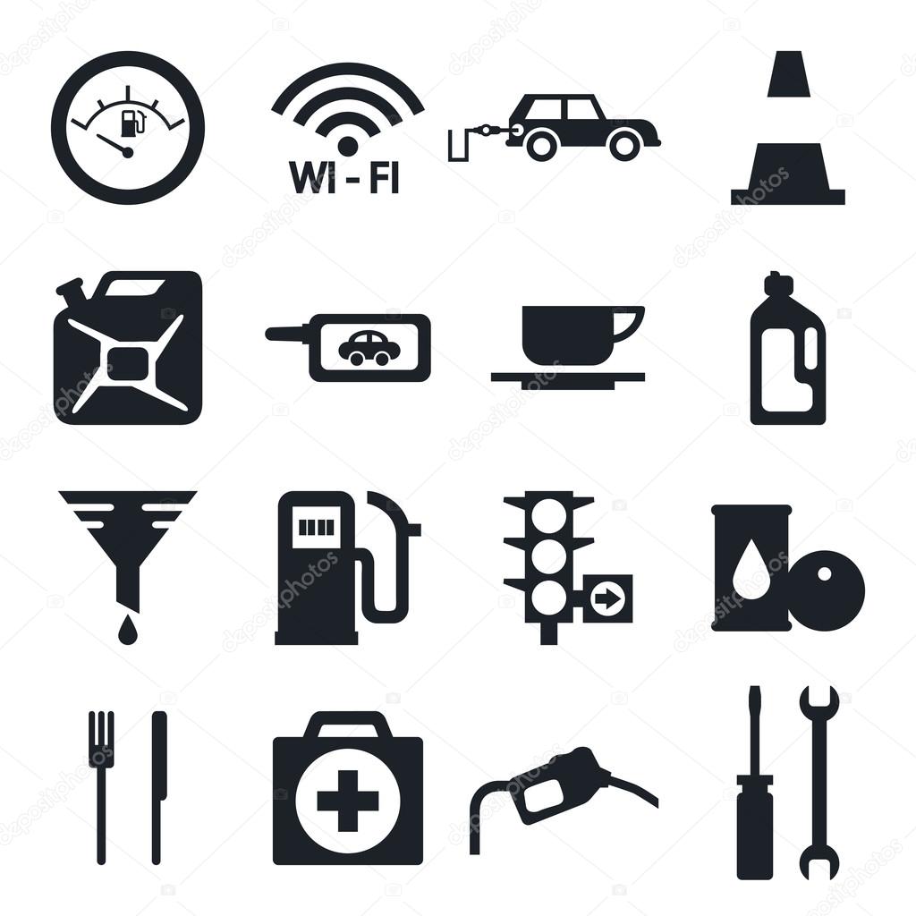 Black fuel pump, gas station icons