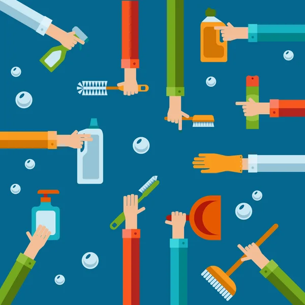 Vector human hands using cleaning products flat icons. Royalty Free Stock Illustrations