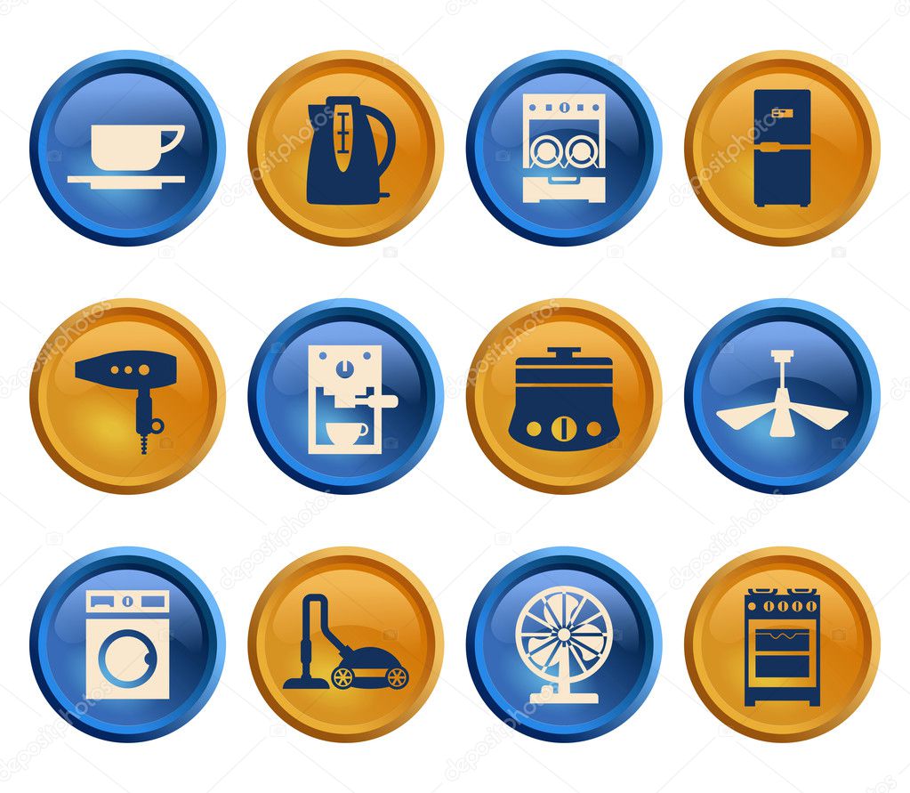 Buttons with silhouette domestic equipment icons