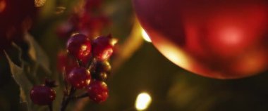 Geleneksel Noel ve yılbaşı süsleri bir ağaca asılmış. Yavaş çekim, yüzeysel alan derinliği. 