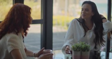 İki bayan arkadaş işten kahve molası veriyorlar, kafede buluşuyorlar, konuşuyorlar..