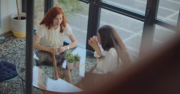 商界女性伴侣喝茶 休息时彼此交谈 慢动作 — 图库视频影像