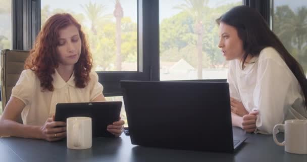 Duas Mulheres Negócios Reunindo Escritório Para Discutir Projeto Reunião Negócios — Vídeo de Stock