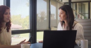 İki iş kadını ofiste heyecan verici yeni bir proje üzerinde çalışıyor. Ortalama çekim, yavaş çekim.