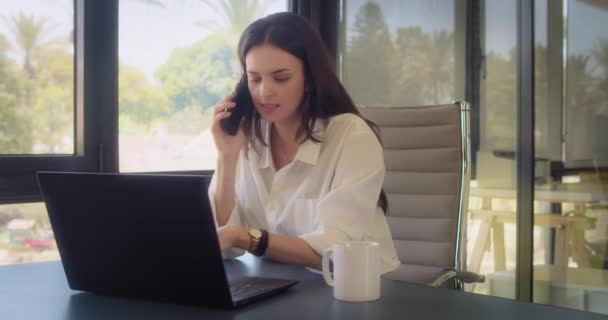Uma Mulher Negócios Falando Telefone Enquanto Trabalhava Laptop Escritório Rastreamento — Vídeo de Stock