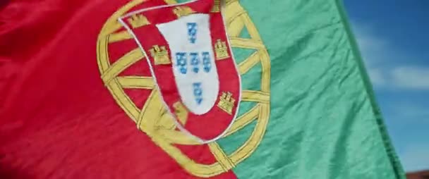 Close Portugal Flag Waving Air Slow Motion — Stock Video