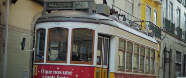 Lisbon Portugal Dec 2019 Traditional Colorful Public Tram Riding Streets 스톡 비디오
