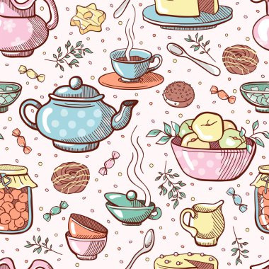 Tatlı ve çayla renklendirilmiş duvar kâğıdı. Web siteleri, ambalaj kağıdı, duvar kağıdı, kumaş ya da çıkartma üzerine yazdırma için kusursuz desen.