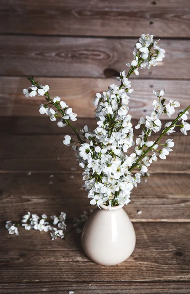 Vase mit Kirschblüten auf altem Holzgrund. — Stockfoto