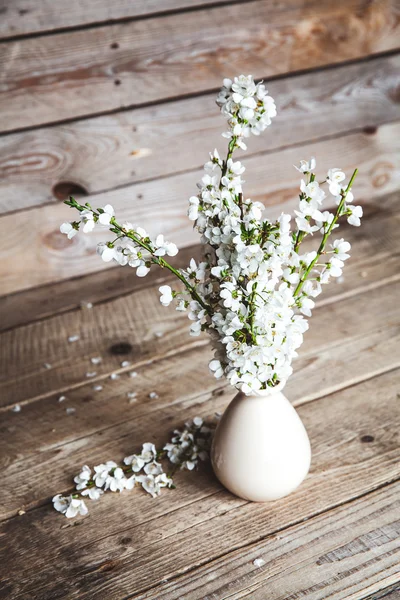 Vintage vase with cherry flowers on old wooden background. — Stock Photo, Image