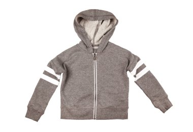 gri kapşonlu kazak. Beyaz bir arka plan üzerinde izole.