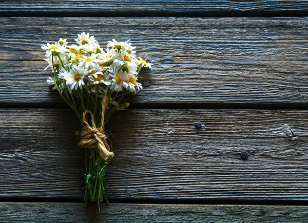 Kytice daisy na dřevěné pozadí — Stock fotografie