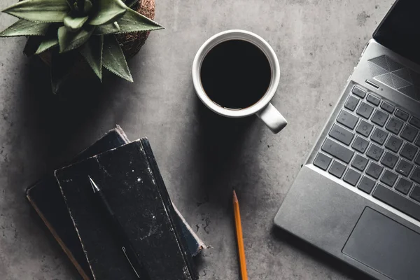 A mesa de escritório vista flat lay com laptop, mouse, árvore, clipe de papel, xícara de café, notebook, lápis, — Fotografia de Stock