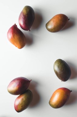 Beyaz arka planda bir grup mango. Sağlıklı yemek, sağlıklı yaşam tarzı..