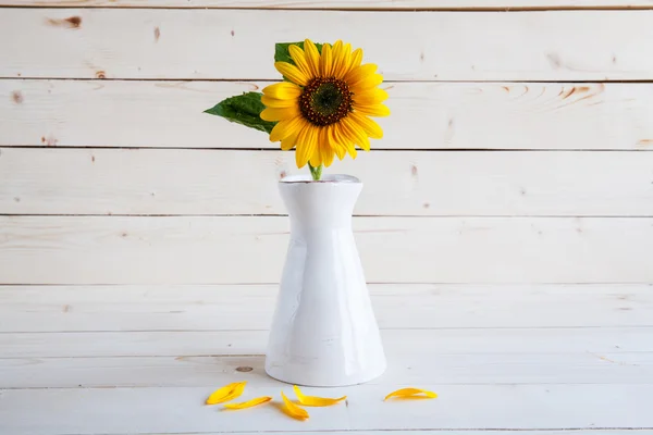 Girasoles en un jarrón sobre un fondo rústico y gris — Foto de Stock