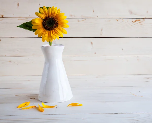 Un ramo de girasoles de otoño en un jarrón sobre una mesa de madera grumosa . — Foto de Stock