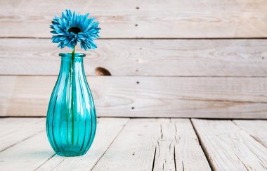 ahşap arka plan üzerinde bir vazoda çiçek mavi gerbera