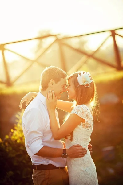 Recém-casados abraçando a natureza — Fotografia de Stock