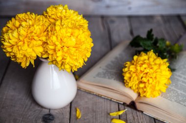 Çiçekler. Güzel sarı Kasımpatı vintage bir vazo içinde. Bir fincan kahve. Parlak Servais, kupa ve uçan daire... Güzel kahvaltı. Ahşap arka plan üzerinde eski kitaplar.