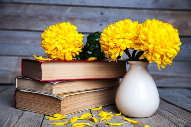 Çiçekler. Güzel sarı Kasımpatı vintage bir vazo içinde. Bir fincan kahve. Parlak Servais, kupa ve uçan daire... Güzel kahvaltı. Ahşap arka plan üzerinde eski kitaplar.