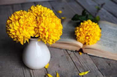 Çiçekler. Güzel sarı Kasımpatı vintage bir vazo içinde. Bir fincan kahve. Parlak Servais, kupa ve uçan daire... Güzel kahvaltı. Ahşap arka plan üzerinde eski kitaplar.