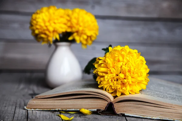 Λουλούδια. Όμορφο κίτρινο χρυσάνθεμο σε vintage vase. Φλιτζάνι καφέ. Φωτεινό Servais, Κύπελλο και πιατάκι... Όμορφο πρωινό. Παλιά βιβλία σε ξύλινα φόντο. — Φωτογραφία Αρχείου