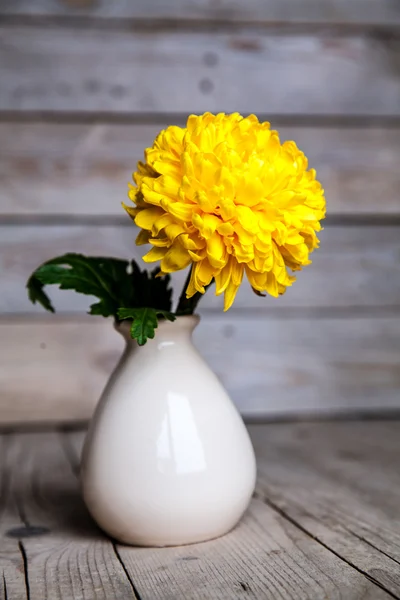 Flores. Hermoso crisantemo amarillo en jarrón de cerámica vintage. Antiguo fondo de madera — Foto de Stock