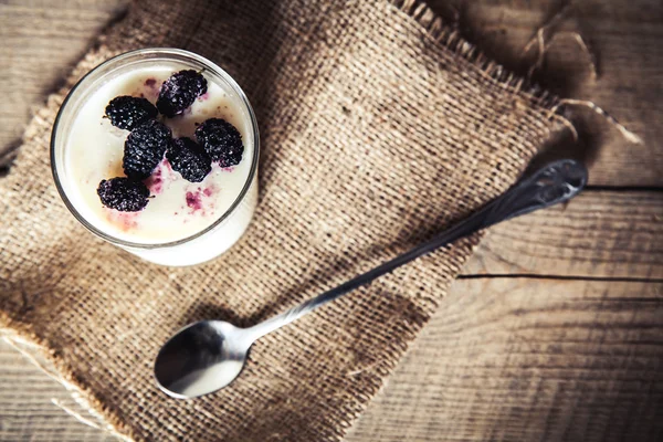 Servering av frysta krämig is yoghurt med färska mulberry. Friska söt dessert med ekologiska bär. — Stockfoto