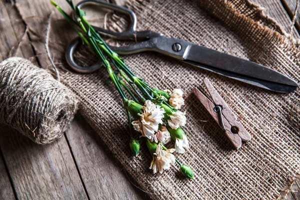 Vybledlé karafiáty s staré nůžky a staré vlákno, vinobraní — Stock fotografie