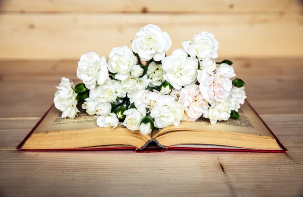 Zachte anjer in het oude boek op een houten achtergrond — Stockfoto