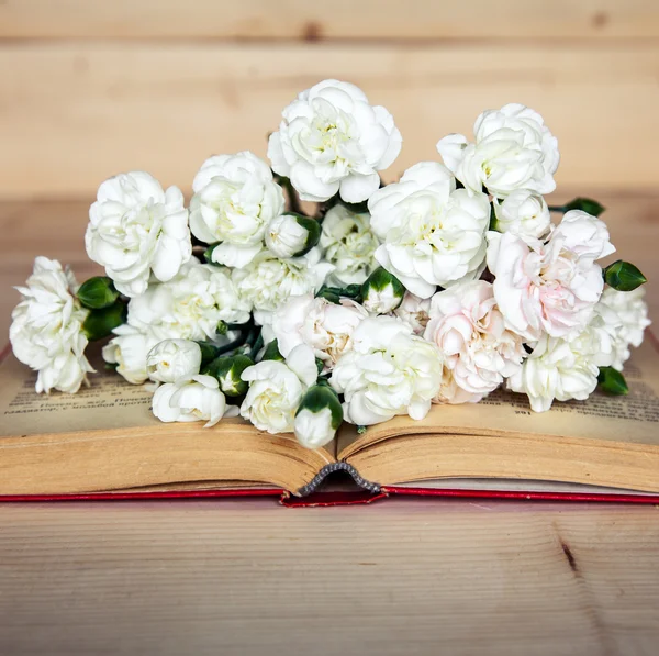 Gentle carnation in the old book on a wooden background — Stock Photo, Image