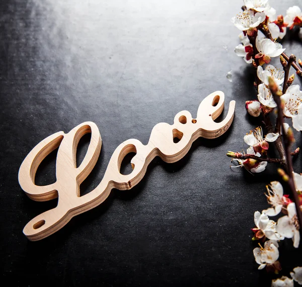 Bloom on a black background and a wooden sign with the word love — Stock Photo, Image