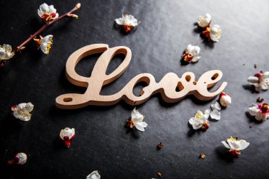 siyah bir arka plan ve ahşap bir işareti ile kelime aşk çiçek