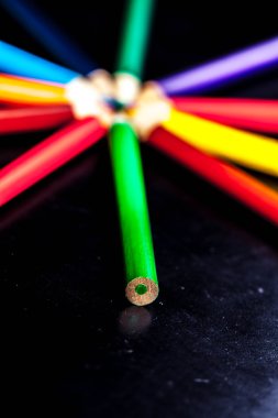 Makro bir daire içinde renkli kalemler.