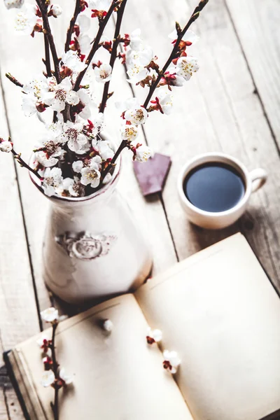 Открытая винтажная книга с цветущей ветвью вишни на дереве — стоковое фото