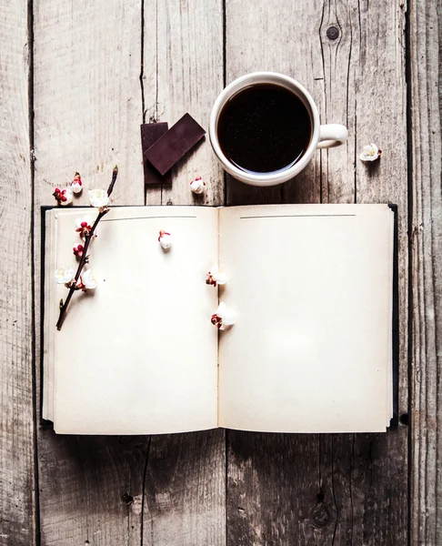 Libro vintage aperto con ramo di ciliegio in fiore su legno — Foto Stock