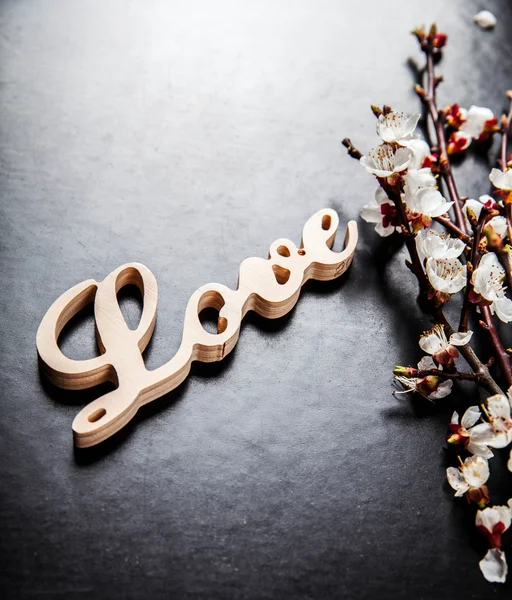 Bloeien op een zwarte achtergrond en een houten bord met het woord liefde — Stockfoto