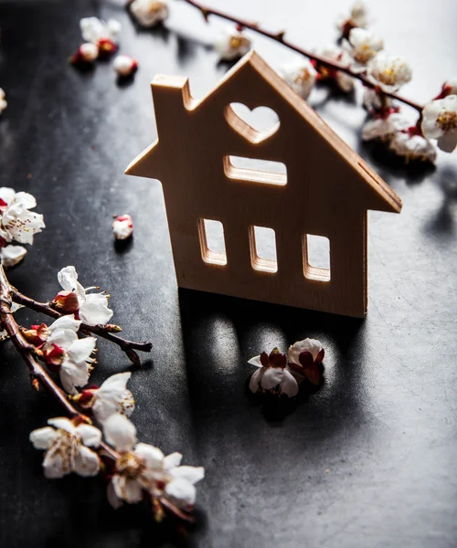 Florescer em um fundo preto e um sinal de madeira com a palavra casa — Fotografia de Stock