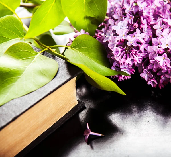 The beautiful lilac with an old book on black background — Stock Photo, Image