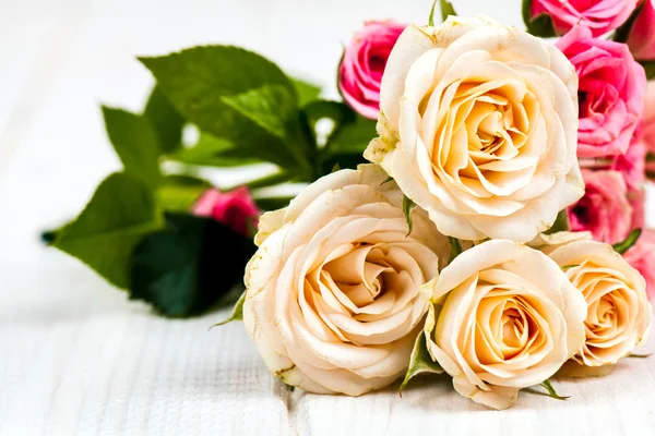 Rosas sobre fondo de tablones de madera blanca. flores —  Fotos de Stock