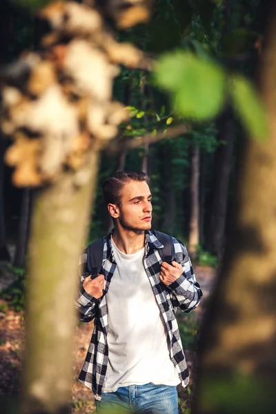 Портрет молодого красивого мужчины с рюкзаком странник прогулка по лесу — стоковое фото
