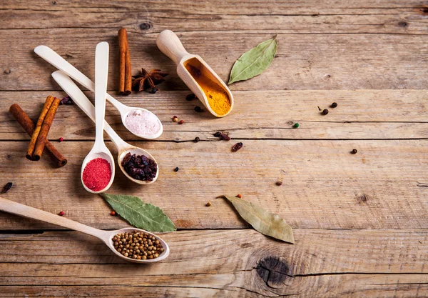 Spices on wooden background. With empty space for advertising text — Stock Photo, Image