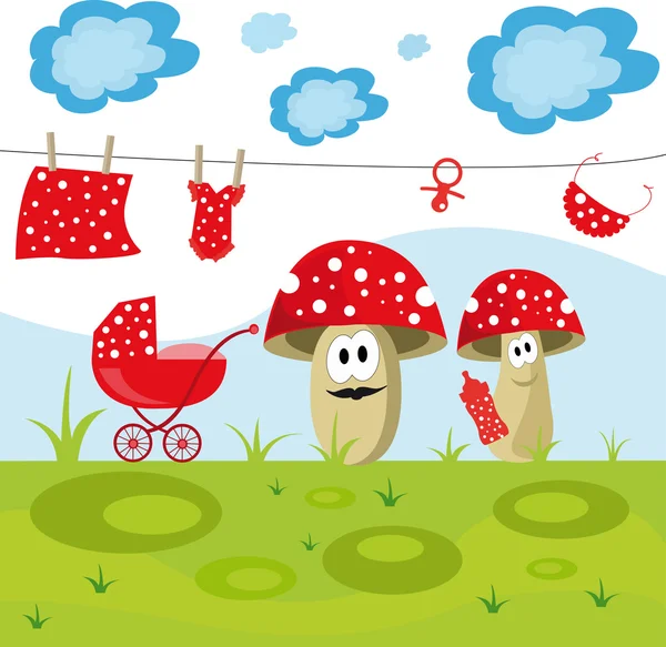 Ilustración colorida con unos hongos familiares divertidos — Vector de stock